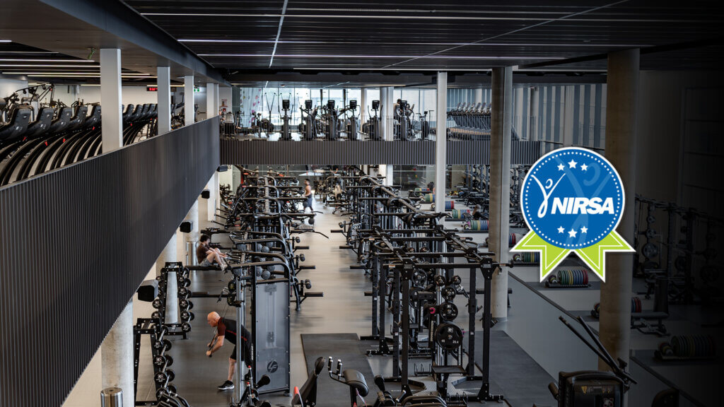 The first and second floors of the Pulse Fitness Centre, with a 'NIRSA' Award badge on the image